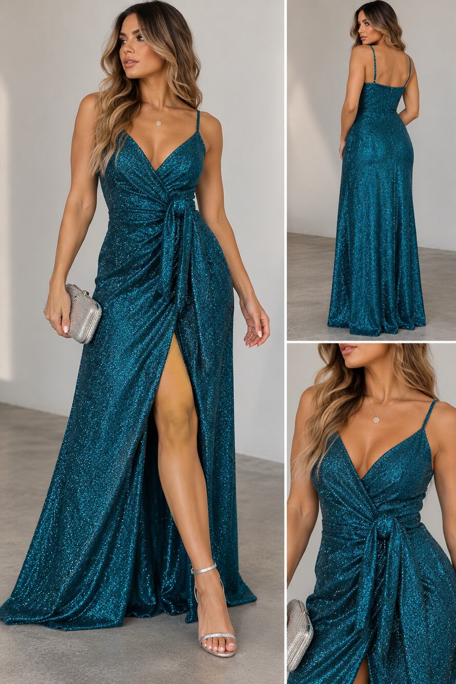 Lulus Metallic Teal Maxi Dress Womens S Wrap Tie Front Slit Formal Gown NWT